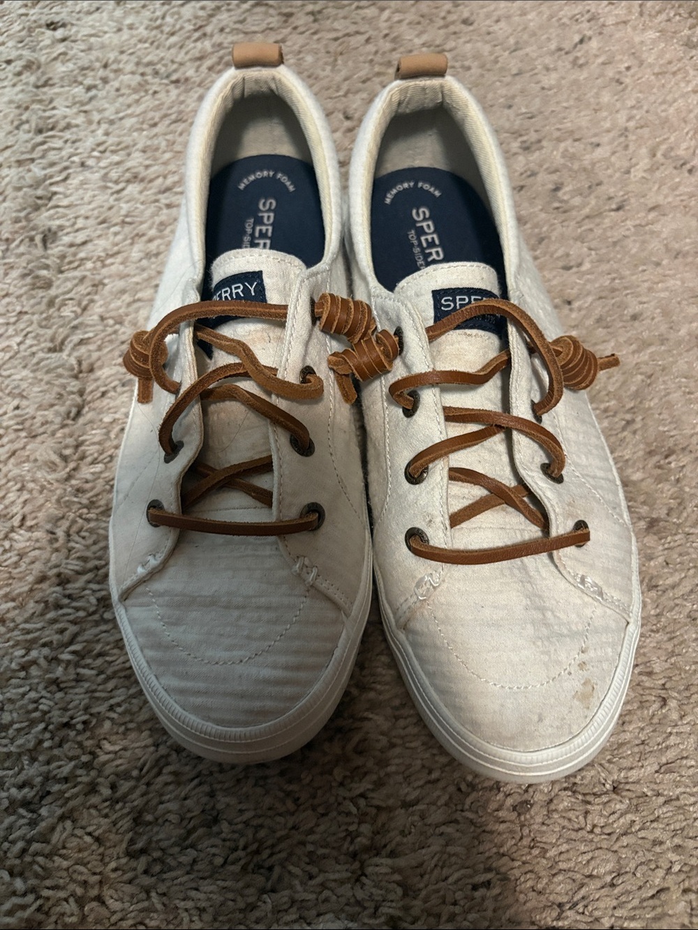 Sperry Women's Off-White Canvas Boat Shoes with Brown Laces